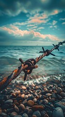 Naklejka premium As the metal barbed wire from World War II glistens in the foreground the serene beauty of the English Channel provides a striking backdrop