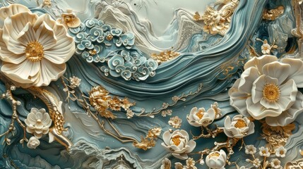 Obraz premium Stucco molding with Chinese patterns, gold elements, intricate details, HDR lighting