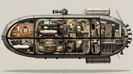 Obraz premium Detailed Cross section View of Futuristic Spacecraft Interior with Astronaut Quarters and Technical Systems
