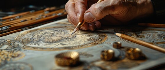 A close-up of a hand drawing intricate details on a piece of artwork.