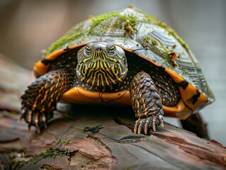 Naklejka premium A turtle with moss on its shell resting on a log, highlighting its detailed texture and natural camouflage in a forest environment.