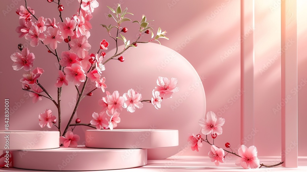 Poster beautiful abstract springtime minimal podium display. horizontal background bright colors