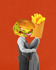 Monochrome couple embracing with heads replaced by large burger and French fries against red background. Contemporary art collage. Concept of food, pop art, surrealism. Creative colorful design.