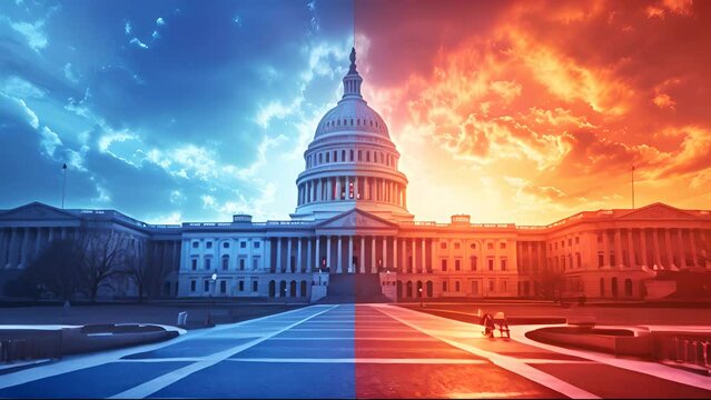 Election Divide: US Capitol at Sunset. A dynamic image of the US Capitol, bathed in blue and red hues, illustrating the electoral divide between Republicans and Democrats.