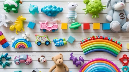 Obraz premium Variety of colorful baby toys including blocks, plastic animals, and toy cars arranged on a table in an overhead view with a light textured white wooden background and soft natural lighting.