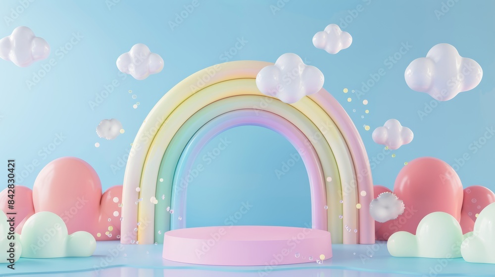 Poster an empty space for children's or baby products in a 3-d rendering podium design with a colorful back