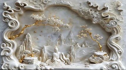 Volumetric stucco molding, Japanese motifs, gold accents, highdetail, moody lighting