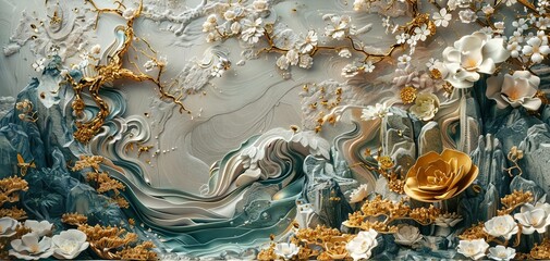 Volumetric stucco molding, Japanese motifs, gold accents, highdetail, moody lighting