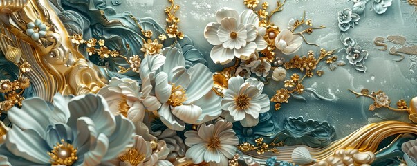 Volumetric stucco molding, Japanese motifs, gold accents, highdetail, moody lighting