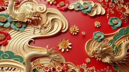 Volumetric stucco molding, Chinese patterns, gold elements, intricate details, HDR lighting