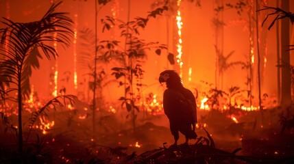 Naklejka premium A bird perches in a burning forest during a wildfire, with intense flames and smoke creating a dramatic backdrop.