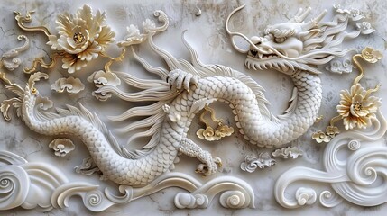 Volumetric stucco molding with Chinese motifs, gold accents, neotraditional, HDR