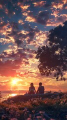 Fototapeta premium A couple enjoying a romantic sunset picnic on a hill. Realistic.