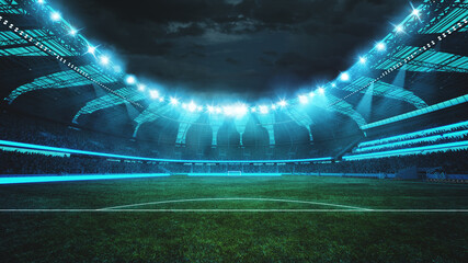 Beautifully lit football stadium at night, with intense beams of light highlighting perfectly maintained pitch. 3D rendering. Concept of professional sport, competition, championship, match, energy © Lustre Art Group 