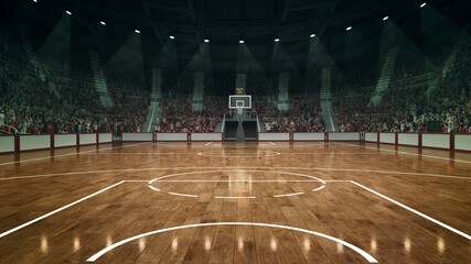 Empty basketball arena with perfectly placed markings, illuminated by powerful lights nd crowdy stages on background. Concept of sport games, competition, championship, action and motion © Lustre Art Group 