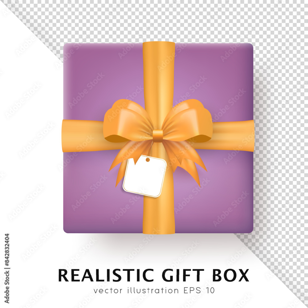Wall mural template of 3d realistic purple gift box with yellow silk bow and hanging tag with space for greetin