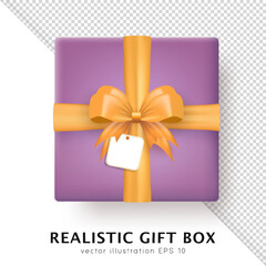 Template of 3d realistic purple gift box with yellow silk bow and hanging tag with space for greeting text. Three dimensional present wrap package with crossed ribbon and white empty label. Top view
