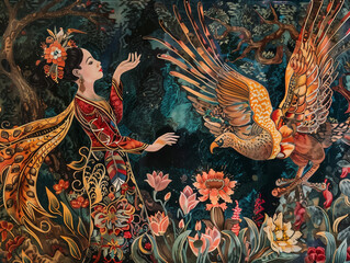 Obraz premium A woman is reaching out to a bird, which is depicted as a large eagle