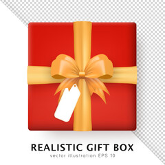 Template of 3d realistic red gift box with yellow silk bow and hanging tag with space for greeting text. Three dimensional present wrap package with crossed ribbon and white empty label. Top view