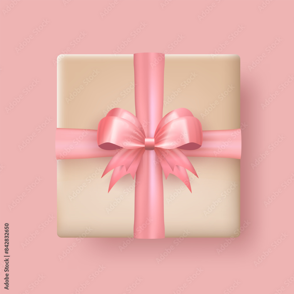 Wall mural 3d realistic gift box wrapped in craft paper and tied with pink silk bow top view. Three dimensional cute present package with crossed ribbon isolated on transparent background view from above