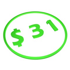 3D figure thirty one in a green circle with a dollar sign on a white background, isolate. Pricing, marketing, sale or price tag.