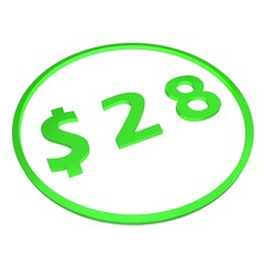3D figure twenty eight in a green circle with a dollar sign on a white background, isolate. Pricing, marketing, sale or price tag.