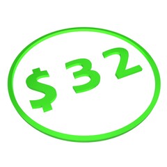 3D figure thirty two in a green circle with a dollar sign on a white background, isolate. Pricing, marketing, sale or price tag.
