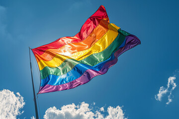 horizontal image of a rainbow flag floating in the clear blue sky in the context of gay pride celebration