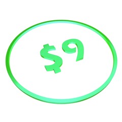 3D figure nine in a green circle with a dollar sign on a white background, isolate. Pricing, marketing, sale or price tag.