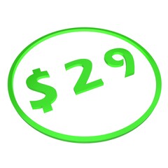 3D figure twenty nine in a green circle with a dollar sign on a white background, isolate. Pricing, marketing, sale or price tag.