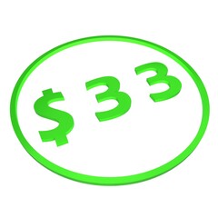 3D figure thirty three in a green circle with a dollar sign on a white background, isolate. Pricing, marketing, sale or price tag.