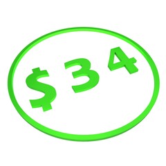 3D figure thirty four in a green circle with a dollar sign on a white background, isolate. Pricing, marketing, sale or price tag.
