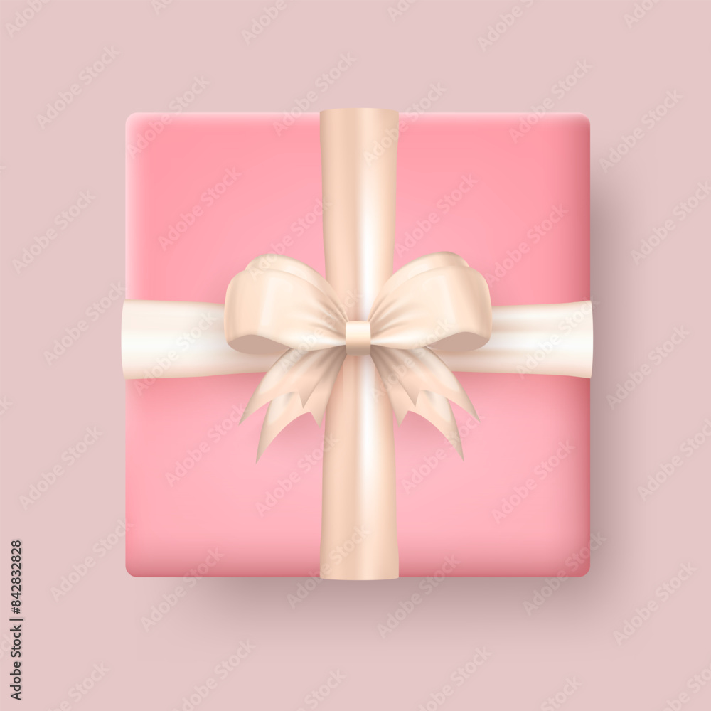Wall mural 3d realistic gift box wrapped in pink craft paper and tied with beige silk bow top view. Three dimensional cute present package with crossed ribbon isolated on transparent background view from above