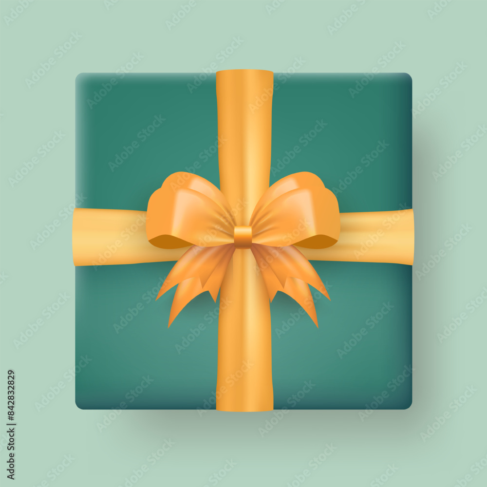 Wall mural template of 3d realistic green gift box with golden silk bow top view isolated on transparent backgr