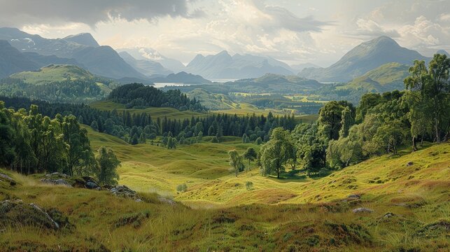 Highland landscape with rolling hills, lush greenery, and distant mountains
