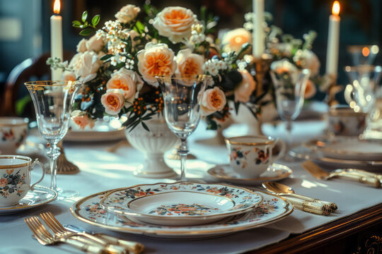 Detailed view of a Regency-era dining room set for an elegant dinner,