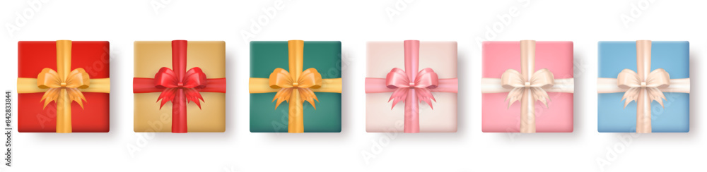 Poster set of 3d realistic colorful gift boxes with silk bows top view isolated on transparent background. 