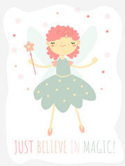 children's vertical magic card with a magical cute fairy