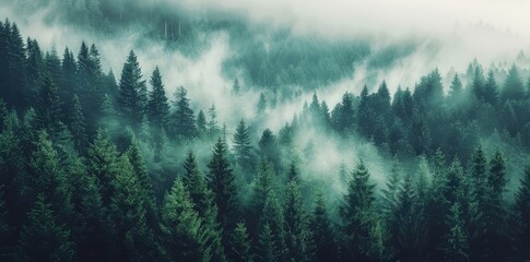 Misty Forest with Fir Trees, Aerial Top View Mountain Landscape with Natural Green Background