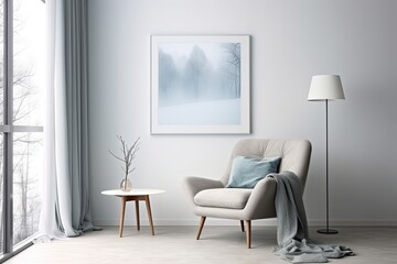 Modern Living Room with Blue Chair, Floor Lamp, and Poster on White Wall, Scandinavian Home Decor in Light Gray with Blue Curtains