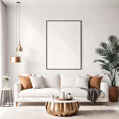 Modern white living room interior design with decoration and empty mock up picture frames 3D Rendering, 3D Illustration