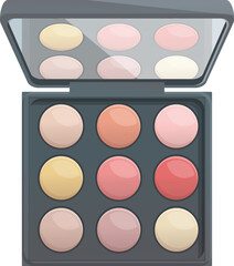 Opened makeup palette showing colorful blush and eyeshadow powder for applying makeup