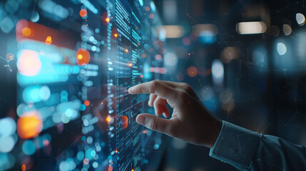 Obraz premium A hand reaches out to touch a high-tech digital interface with glowing data points and a futuristic design, highlighting advanced technology. 