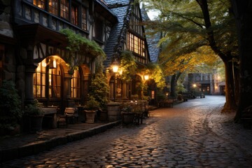 Streets of cobblestone in a historic neighborhood with old houses., generative IA