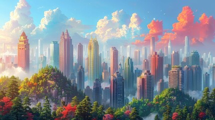 Naklejka premium A colorful, illustrated cityscape blending traditional and digital art styles. 