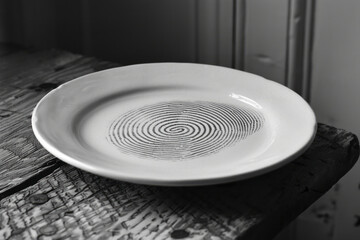 Minimalist shot of a fingerprint on a white porcelain plate,