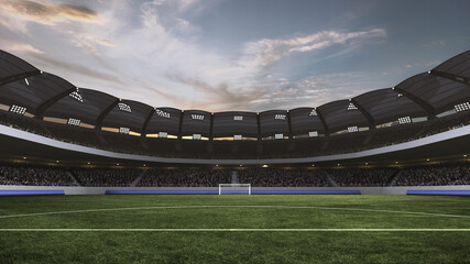 Large empty soccer stadium with green field surrounded stages filled of fans. Arena has modern design. 3D rendering. Concept of professional sport, competition, championship, match, energy © Lustre Art Group 