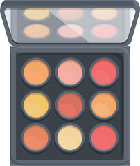 Open makeup kit revealing multiple shades of blush, foundation, or eyeshadow for applying cosmetics