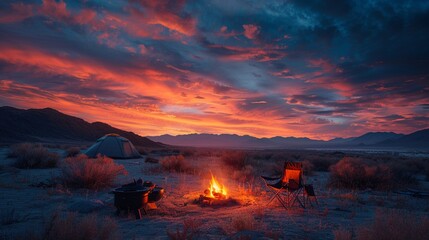 Evening camp setup with fire, chairs, and grill, set against a beautiful desert sunset with a colorful sky, Digital Art, Warm, Scenic 8K , high-resolution, ultra HD,up32K HD