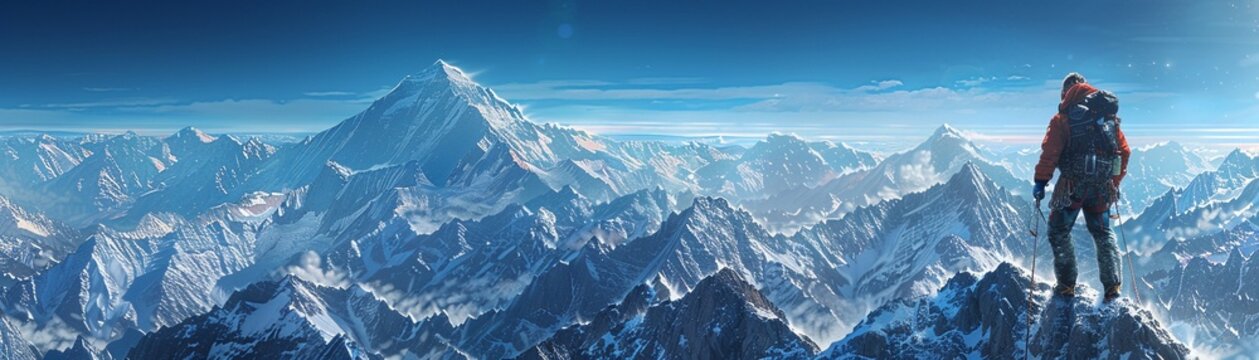 Adventurous climber with full gear tackling a rugged snowy peak, surrounded by vast mountain ranges, Digital Art, Vibrant, High Detail 8K , high-resolution, ultra HD,up32K HD